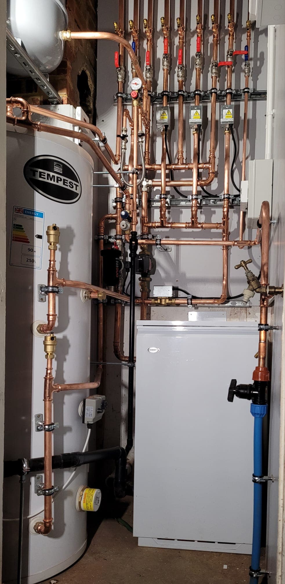 Plant room with Tempest unvented cylinder and symmetrical copper manifold